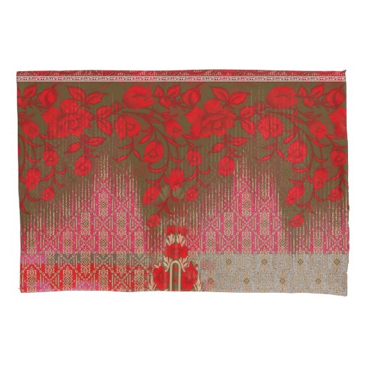 赤い花とつる植物の十字縫い模様 枕カバー (正面)