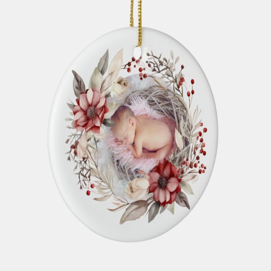 赤い花とクリスマスリース、果実の写真 セラミックオーナメント (右)