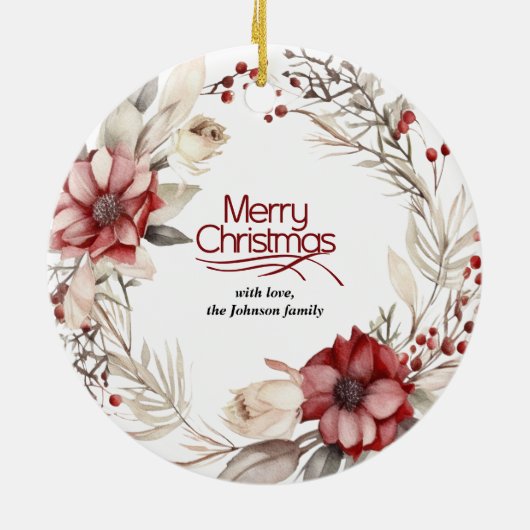 赤い花とクリスマスリース、果実の写真 セラミックオーナメント (裏面)
