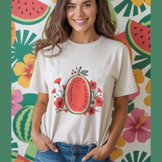赤い花とスイカのフルーツ Tシャツ