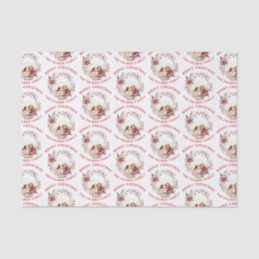 赤い花と写真を持つクリスマスリース 薄葉紙 (正面)