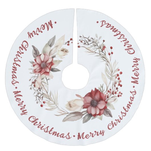 赤い花と果実を持つクリスマスリース ブラッシュドポリエステルツリースカート (正面)