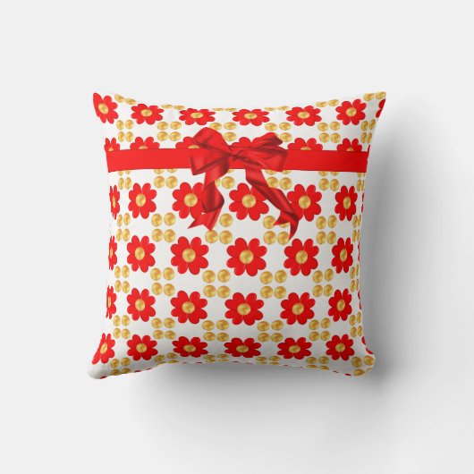 赤い花と白に金色の点を持つリボン クッション (裏面)