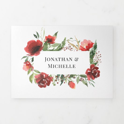 赤い花と緑の葉が一つになったクリスチャン結婚式 三つ折り招待状 (カバー)