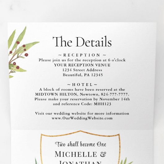 赤い花と緑の葉が一つになったクリスチャン結婚式 三つ折り招待状 (内部最初)