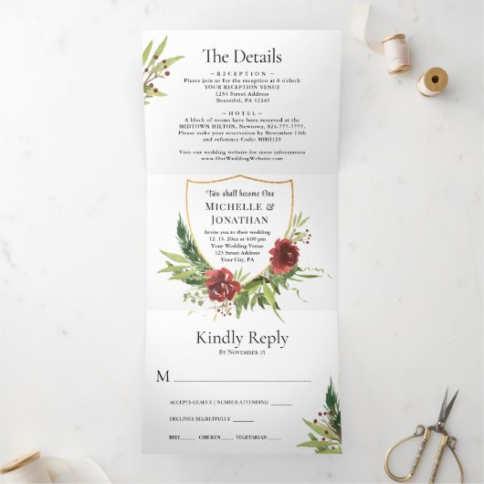 赤い花と緑の葉が一つになったクリスチャン結婚式 三つ折り招待状 (内部)