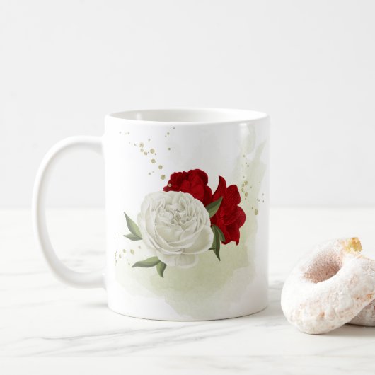 赤い花と緑の葉の白い花 コーヒーマグカップ (ドーナツ)