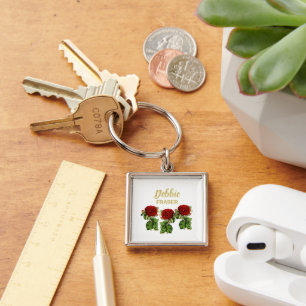 赤い花と緑の葉名前をカスタムする キーホルダー
