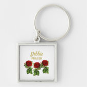 赤い花と緑の葉名前をカスタムする キーホルダー (正面)
