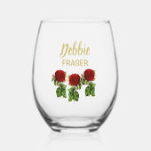 赤い花と緑の葉名前をカスタムする ステムなしワイングラス (正面)
