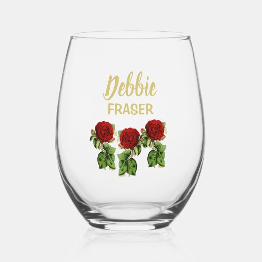 赤い花と緑の葉名前をカスタムする ステムなしワイングラス (正面)