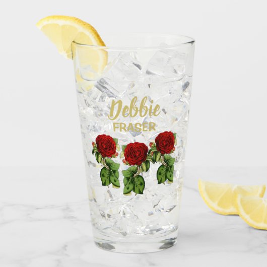 赤い花と緑の葉名前をカスタムする タンブラーグラス (アイス正面)