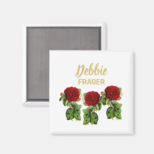 赤い花と緑の葉名前をカスタムする マグネット (正面/裏面)