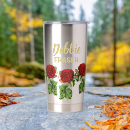 赤い花と緑の葉名前をカスタムする 保温保冷タンブラー