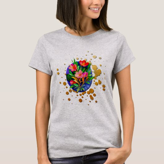 赤い花と緑の葉、金色の背景 Tシャツ (正面)