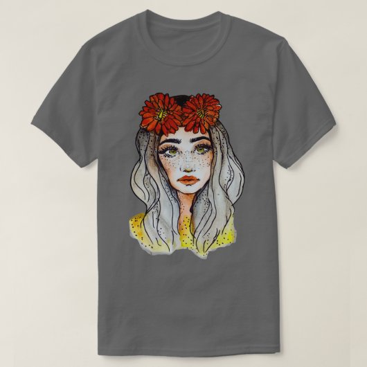 赤い花と美しい顔女性グラフィックギフト Tシャツ (デザイン正面)