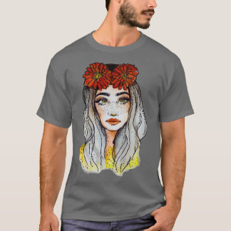 赤い花と美しい顔女性グラフィックギフト Tシャツ