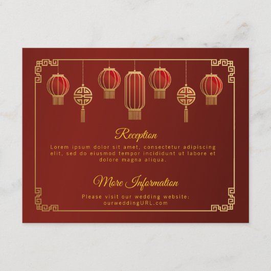 赤い花と金の縁取りの中国風結婚式の囲い エンクロージャーカード (正面)