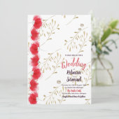  赤い花と金色の葉のウェディング招待状 招待状 (スタンド正面)