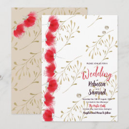  赤い花と金色の葉のウェディング招待状 招待状