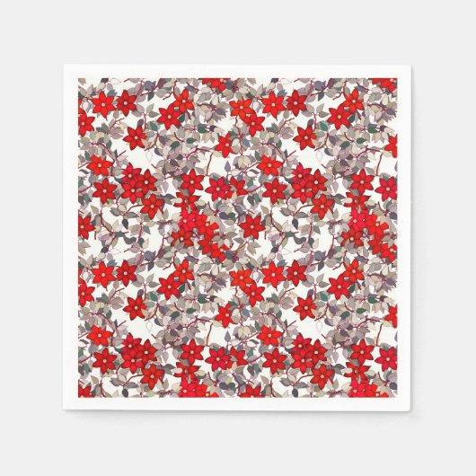 赤い花と銀の灰色葉の花 スタンダードカクテルナプキン (正面)