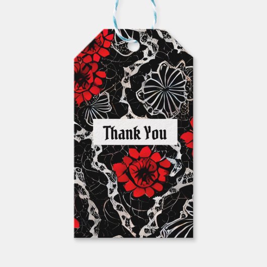 赤い花と黒いレースのシームレスなパターン ギフトタグ (正面)