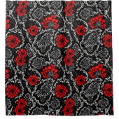 赤い花と黒いレースのシームレスなパターン シャワーカーテン (正面)