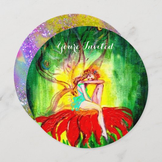 赤い花にうっとり夢見る妖精 赤 緑 黄色 招待状 (正面/裏面)