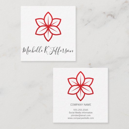 赤い花のアイコンのミニマル スクエア名刺 (正面/裏面)
