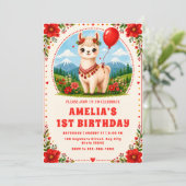 赤い花のアルパカ1歳の誕生日招待状 招待状 (スタンド正面)