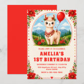 赤い花のアルパカ1歳の誕生日招待状 招待状 (正面/裏面)