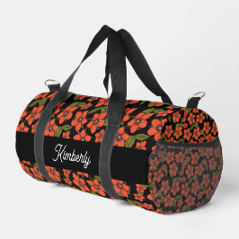 赤い花のウォーターカラーモノグラム ダッフルバッグ
