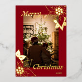 赤い花のエレガントなクリスマス ポートレート フォト 箔シーズンカード (正面)