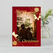 赤い花のエレガントなクリスマス ポートレート フォト 箔シーズンカード (立ち正面)