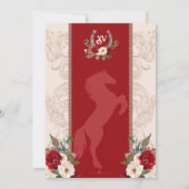 赤い花のエレガントなバロックスタイルのチャロ キンセアニエラ 招待状 (裏面)