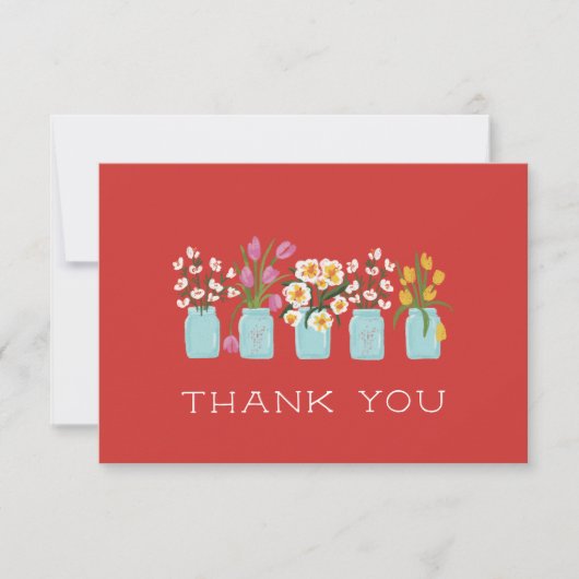 赤い花のカートに合うメイソンジャー サンキューカード (正面)
