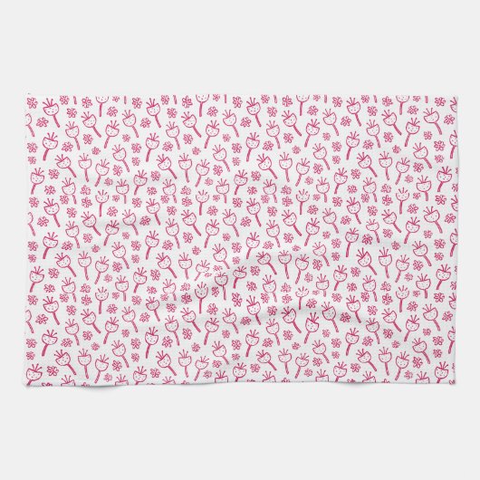 赤い花のキッチンパターン（の模様が）あるタオル キッチンタオル (横)