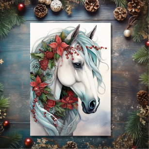 赤い花のクリスマスと美しい白い馬 シーズンカード