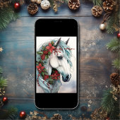 赤い花のクリスマスと美しい白い馬 シーズンカード