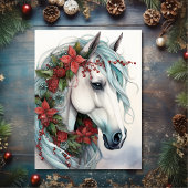 赤い花のクリスマスと美しい白い馬 シーズンポストカード
