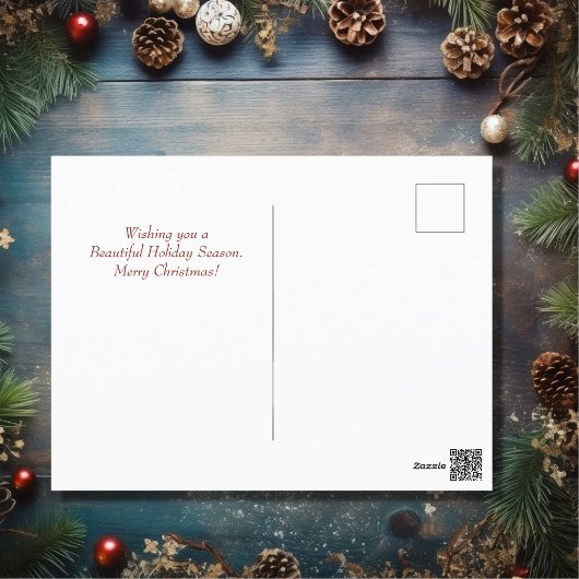 赤い花のクリスマスと美しい白い馬 シーズンポストカード