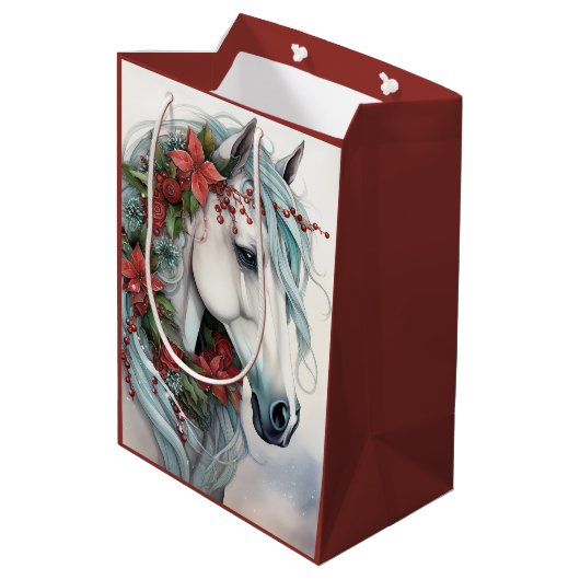 赤い花のクリスマスと美しい白い馬 ミディアムペーパーバッグ (裏面アングル)
