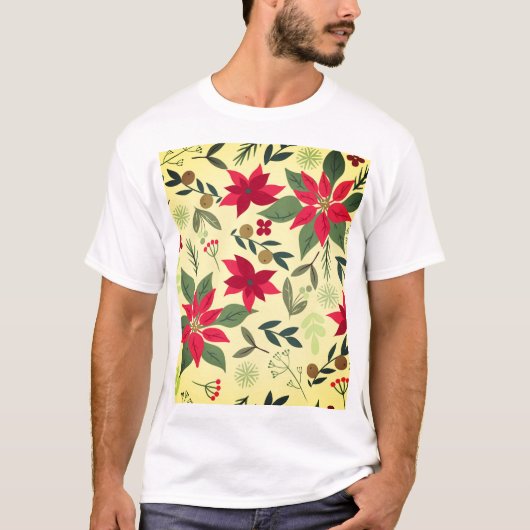 赤い花のクリスマスシームレスパターン Tシャツ (正面)