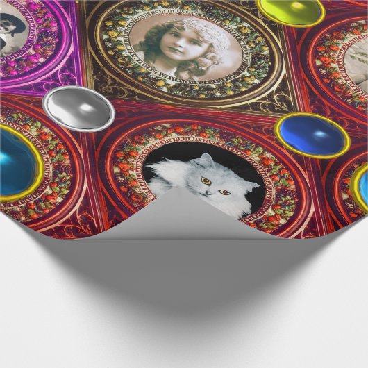 赤い花のクリスマスリース、青い宝石のフォトフレーム ラッピングペーパー (角)