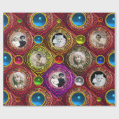 赤い花のクリスマスリース、青い宝石のフォトフレーム ラッピングペーパー (フラット)