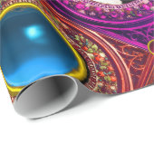 赤い花のクリスマスリース、青い宝石のフォトフレーム ラッピングペーパー (ロールコーナー)