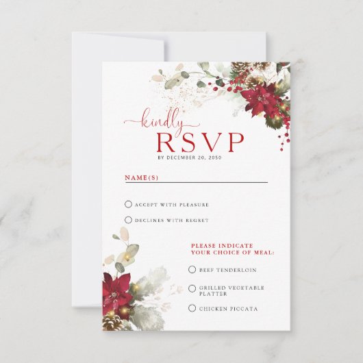 赤い花のクリスマス ウェディング RSVP カード (正面)