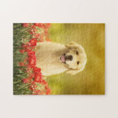 赤い花のゴールデンリタイバー ジグソーパズル (横)