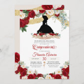 赤い花のゴールドエレガントチャロキンセの誕生日 招待状 (正面/裏面)
