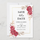 赤い花のゴールドフレーム結婚式のSave The Dateカード 招待状 (正面)